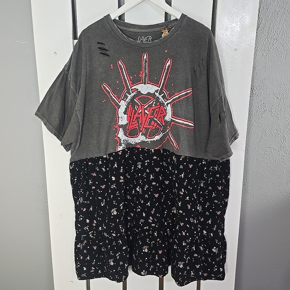 Slayer Metal Band Tshirt Dress 3XL Grey Black Corduroy Floral‎ Ditzy Handmade